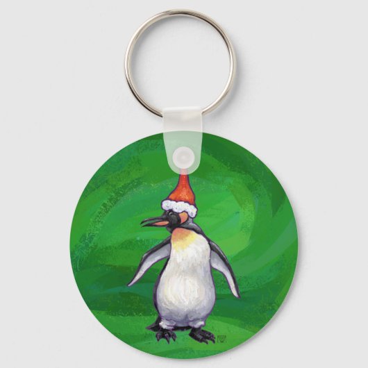 Porte-clés Pingouin mignon à Santa Hat sur Vert (Recto)