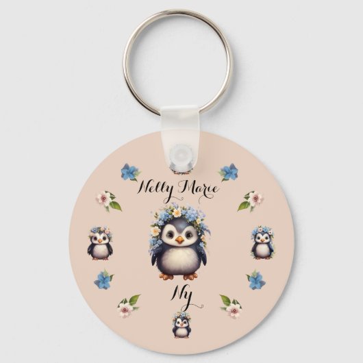 Porte-clés Pingouins mignons Nom rose et initiales (Recto)