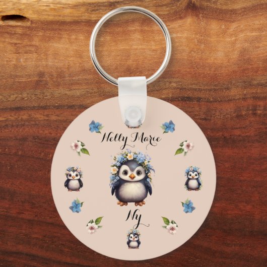 Porte-clés Pingouins mignons Nom rose et initiales (Recto)