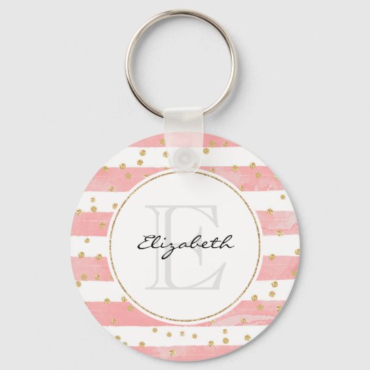 Porte-clés Pink Blush Stripes | Faux Gold Confetti Monogram (Recto)