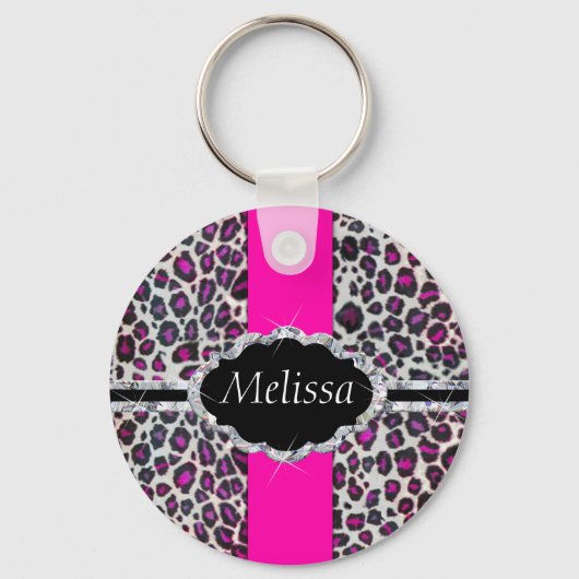 Porte-clés Pink Cheetah Imprimer Diamant Monogramme (Recto)