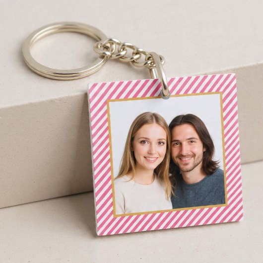 Porte-clés Pink Diagonal Stripe Photo Frame