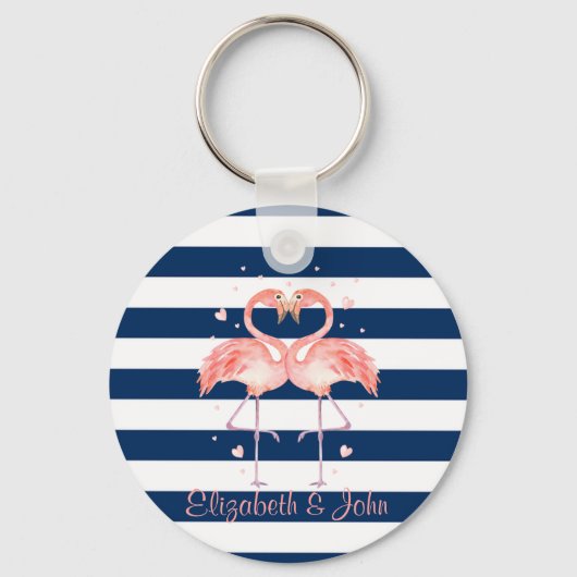 Porte-clés Pink Flamingos In Love,Navy Blue Stripes (Recto)