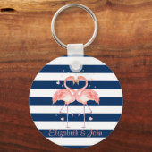 Porte-clés Pink Flamingos In Love,Navy Blue Stripes (Recto)