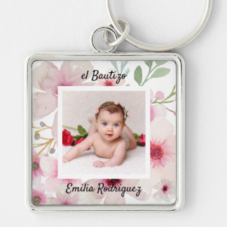 Porte-clés Pink Floral Rose PHOTO BAUTIZO Baptism Girls Named