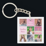 Porte-clés Pink Photo Collage Custom Femmes's Birthday Party<br><div class="desc">Joli porte - clé de fête d'anniversaire de femme sur mesure avec un collage de 6 modèles photo d'une jeune femme ou d'une adolescente avec son nom sur les mignons carrés roses à côté d'un beau gâteau d'anniversaire. Cadeau d'anniversaire pour fille personnalisée.</div>