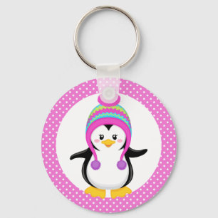 Porte-clés Pink Polka Dot Winter Penguin Girl