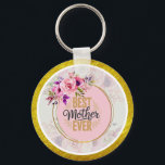 Porte-clés Pink Rose Mother’s Day I Best Mother Ever<br><div class="desc">Pink Rose Mother’s Day I Best Mother Ever keychain. Give Mom a daily reminder of her "Best Mother Ever" status with this elegant and durable custom keychain. Featuring a beautiful pink floral bouquet and a vibrant gold glitter-texture border, this accessory adds a touch of sophisticated charm to any set of...</div>