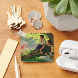 Porte-clés Pique-nique vintage en famille sous un arbre d'omb