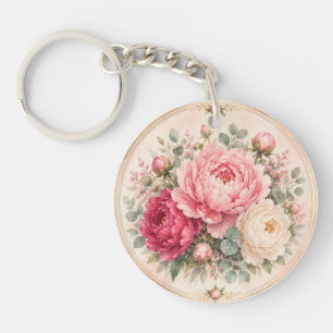 Porte-clés Pivoines aquarelles rose et framboise romantiques