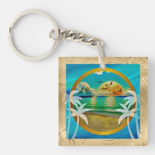 Porte-clés Plage Tropicale Moderne Palmiers Coucher de Soleil (Devant)