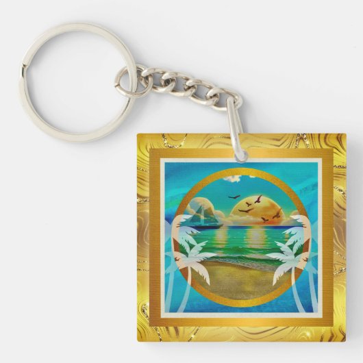 Porte-clés Plage Tropicale Moderne Palmiers Coucher de Soleil (Devant)