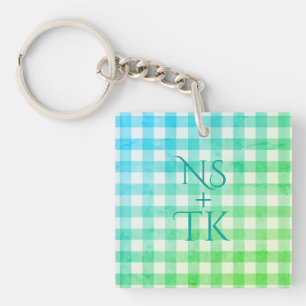 Porte-clés Plaid Green Blue Ombré Moderne Simple Initiales