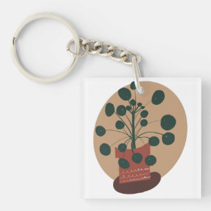 Porte-clés Plante Pilea en pot végétation dessinée à la main