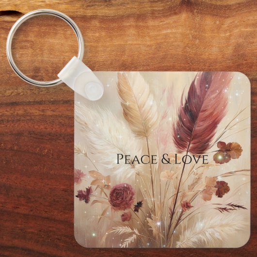 Porte-clés Plumes de Boho à crème rouge Floral (Recto)