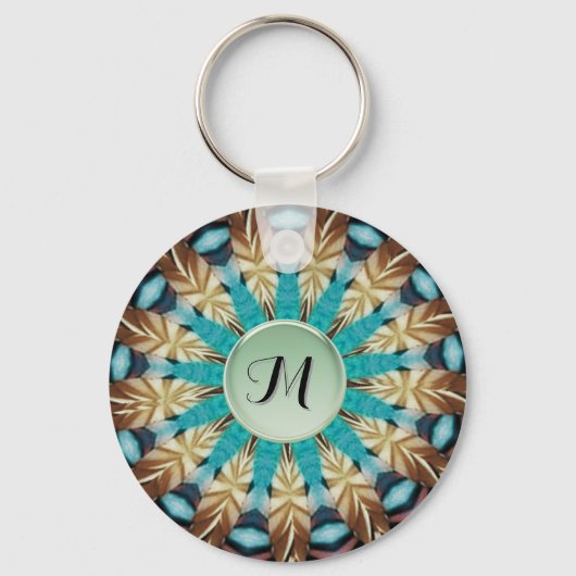 Porte-clés Plumes Turquoise, marron, bleu et vert Mandala (Recto)