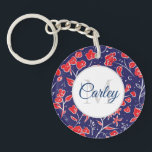 Porte-clés Plutôt Vibrant Rouge bleu floral Personnalisé<br><div class="desc">Joli motif floral moderne avec personnalisation élégante.</div>