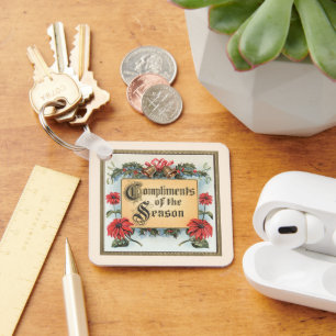 Porte-clés Poinsettias de Noël vintage dans un cadre orné