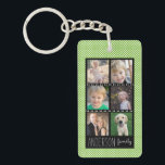 Porte-clés Points blancs de vert de collage de photo de<br><div class="desc">Ce porte - clé acrylique offre six cadres faits sur commande de photo pour que vous ajoutiez un collage de vos photos de famille préférées. L'arrière - plan est vert clair avec un petit motif de point blanc. Le texte fait sur commande, près du fond, vous permet d'ajouter votre nom....</div>