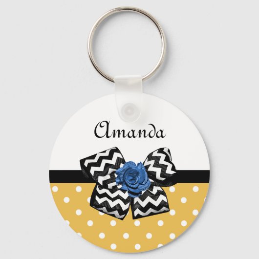Porte-clés Points Jaunes Bleus Rose Chevron Bow avec nom (Recto)