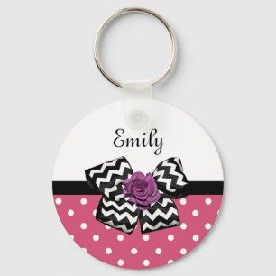 Porte-clés Points roses mignons Rose pourpre Chevron Bow et n
