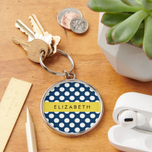Porte-clés Pois Bleus de la Marine, Motif Pot Polka, Votre No