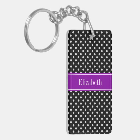 Porte-clés Pois noirs et blancs Nom violet Monogramme (Devant gauche)