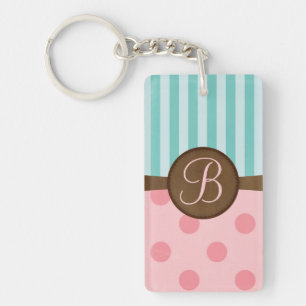 Porte-clés Pois rose chic turquoise rayures monogramme