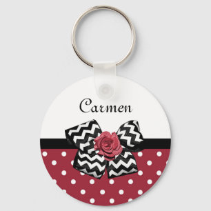 Porte-clés Pois rouge et blanc mignon Rose Chevron Bow