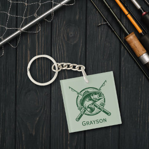 Porte-clés Pole et poisson de pêcheurs verts personnalisés