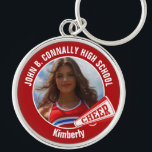 Porte-clés Pom-pom girl Rouge Photo High School Spirit<br><div class="desc">Ce cadeau photo de pom-pom girl cool customisé au lycée présente une typographie blanche de votre équipe et le nom du joueur sur un porte - clé rouge avec un mégaphone plus gai. Personnalisez avec la photo de votre élève et l'année de classe en tant que parent encourageant fier. Un...</div>