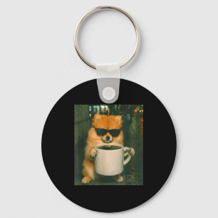 Porte-clés Pomeranian drôle buvant du café mème rétro urbain
