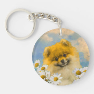 Porte-clés Poméranien dans Daisies Peinture - Art Chien origi