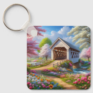 Porte-clés Pont fleuri/ressort coloré et rivière