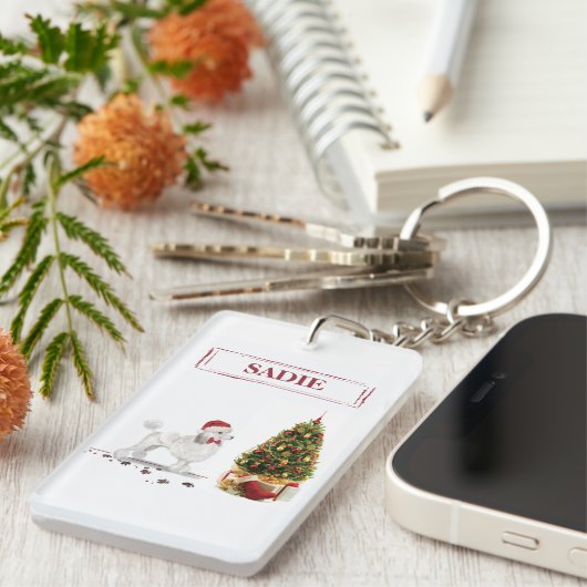 Porte-clés Poodle blanc Funny Chien de Noël avec arbre (Devant droit)