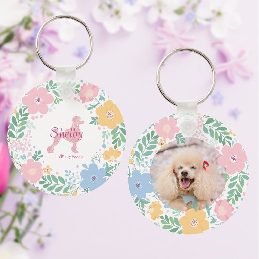 Porte-clés Poodle Pastel Pink Silhouette with Flower Wreath