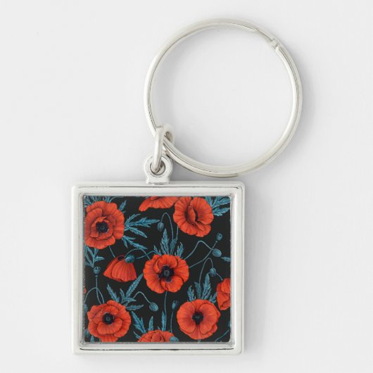Porte-clés Poppies, rouge et bleu sur noir (Devant)