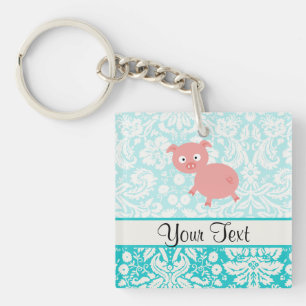 Porte-clés Porc rose mignon ; Damassé turquoise