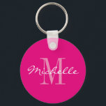 Porte-clés Porte - clé de bouton monogramme rose néon personn<br><div class="desc">Porte - clé de bouton rond de nom rose et blanc néon. Typographie de script classique et couleur arrière - plan personnalisée. Design porte - clé élégant pour les femmes et les filles. Monogrammé avec votre propre nom unique lettre initiale. Soit une jolie fête de mariage soit une idée cadeau...</div>