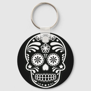 Porte-clés Porte - clé du bouton du crâne de sucre noir et bl