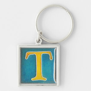 Porte-clés porte - clé initial, cloisonne, jaune et aqua de T