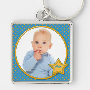 Porte-clés Porte - clé photo Polka bleu et jaune