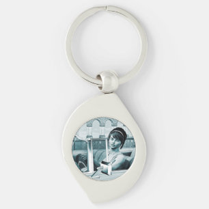 Porte-clés Portrait d'art de femme glamour bleu vintage