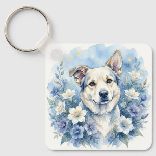 Porte-clés Portrait de chien floral botanique à l'aquarelle