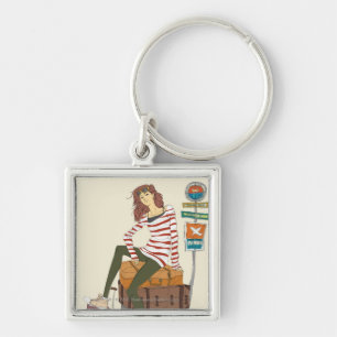 Porte-clés Portrait de jeune femme se reposant sur la valise