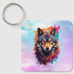 Porte-clés Portrait de loup coloré Art animalier abstrait-876