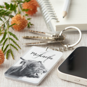 Porte-clés Portrait de vache Highland premier monogramme noir