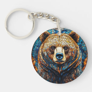 Porte-clés Portrait d'ours grizzly dans un vitrail