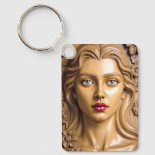 Porte-clés Portrait en bois floral d'une femme élégante
