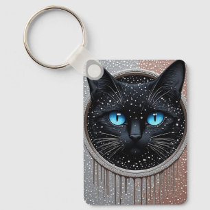 Porte-clés Portrait gothique moderne de chat noir aux yeux bl